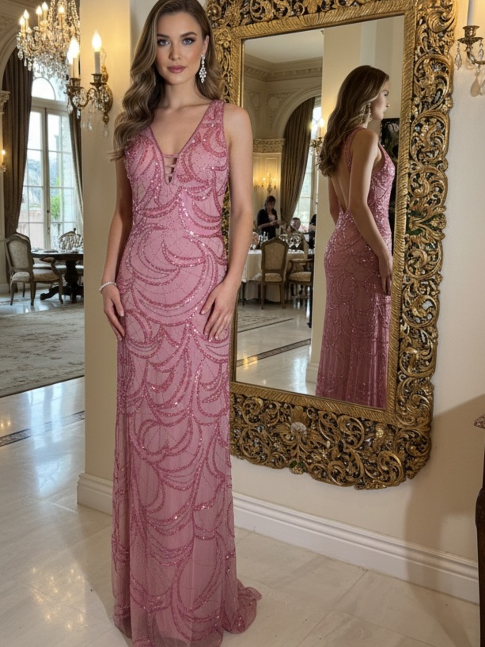 Elegant Pink hand Beaded Evening Gown - V-Neck Formal Dress stretch fabric